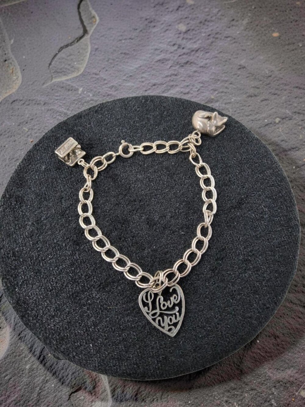 Vintage Sterling Silver Toy Box,Cat, I love You Heart Charms Bracelet
